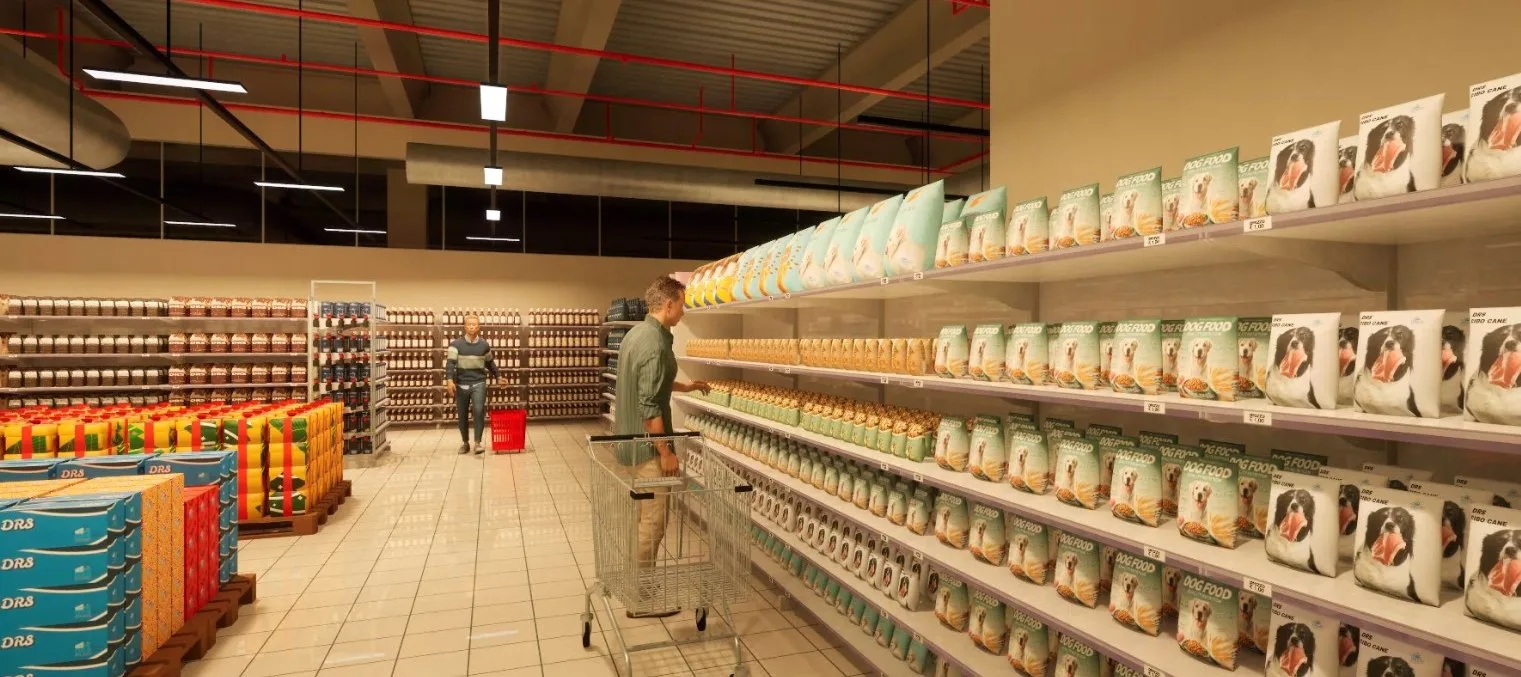 Coop Avenza, corsia con cliente e carrello nel gemello digitale 3DRS