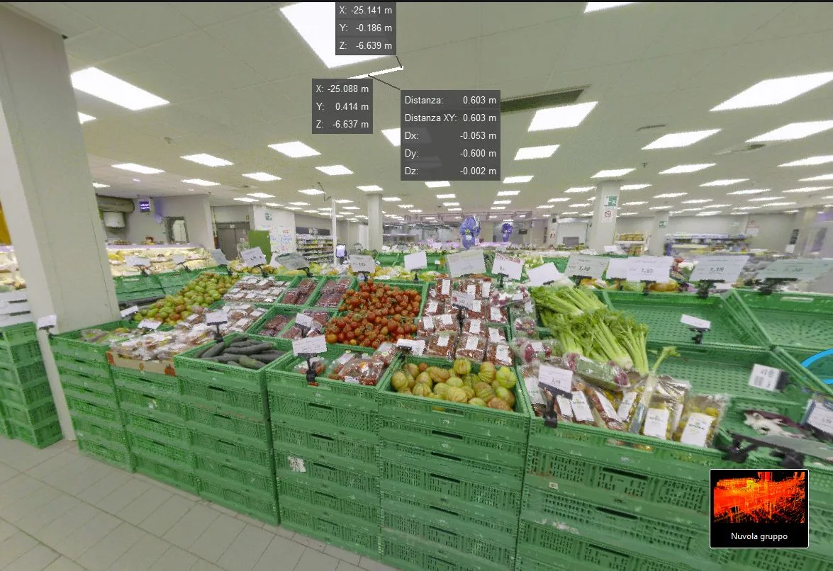 Coop Avenza, misure prese sulla nuvola di punti del reparto ortofrutta