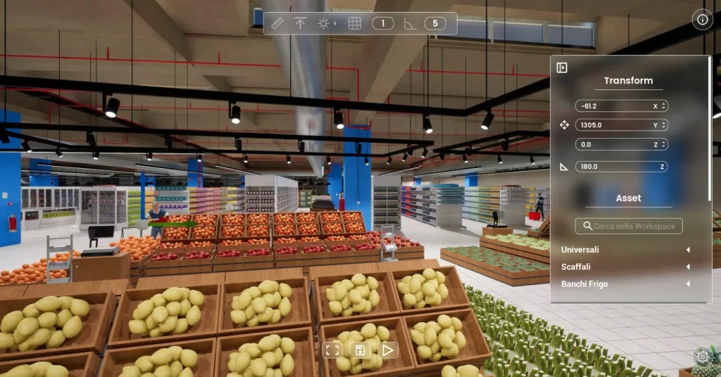 Coop Avenza, reparto ortofrutta nel gemello digitale 3DRS con il pannello Transform