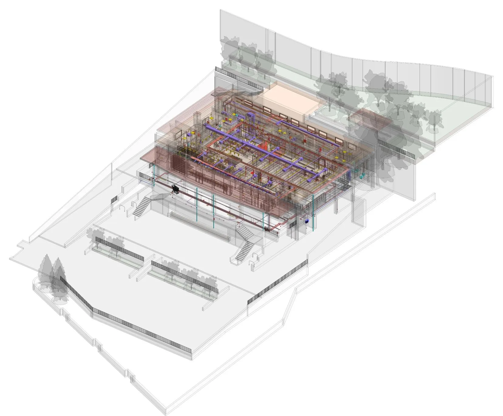 Coop Capoliveri, assonometria del modello BIM con edificio, impianti e area esterna