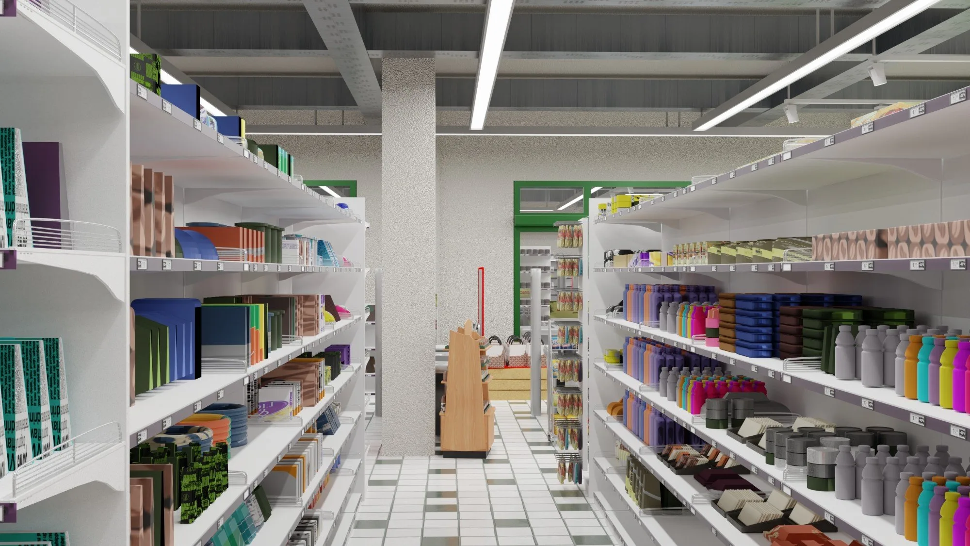 Coop Capoliveri, render di una corsia con le scaffalature