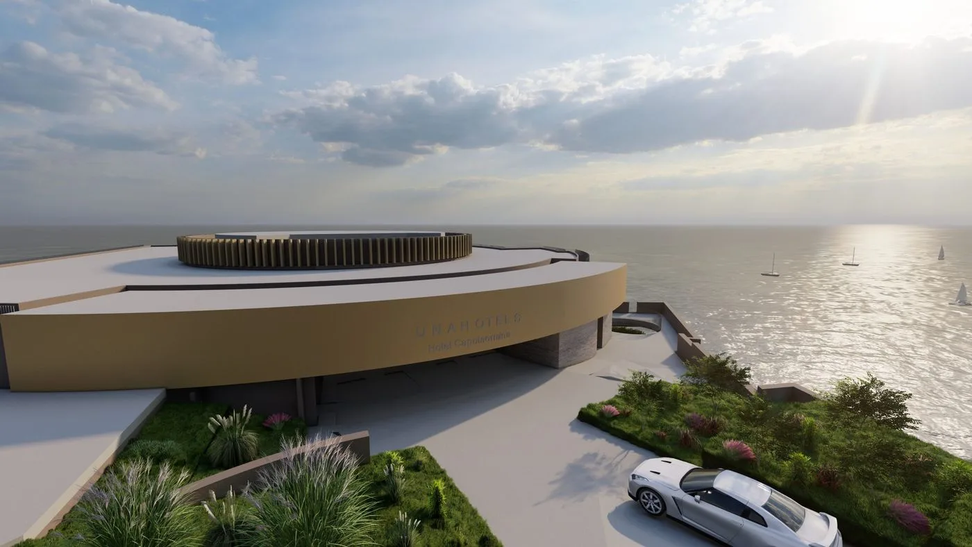 Hotel CapoTaormina, render dell'edificio circolare sul promontorio