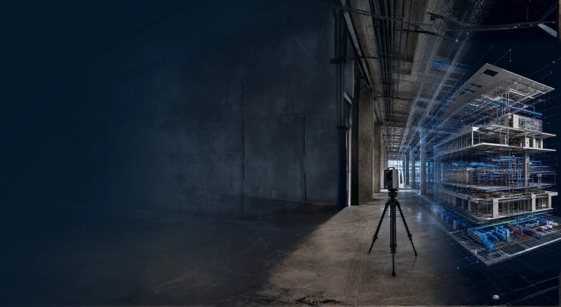 Laser scanner in un ambiente industriale con il modello BIM sovrapposto