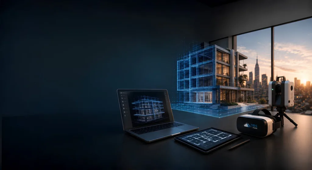 Modello BIM di un edificio, laser scanner e visore VR DRS Studio
