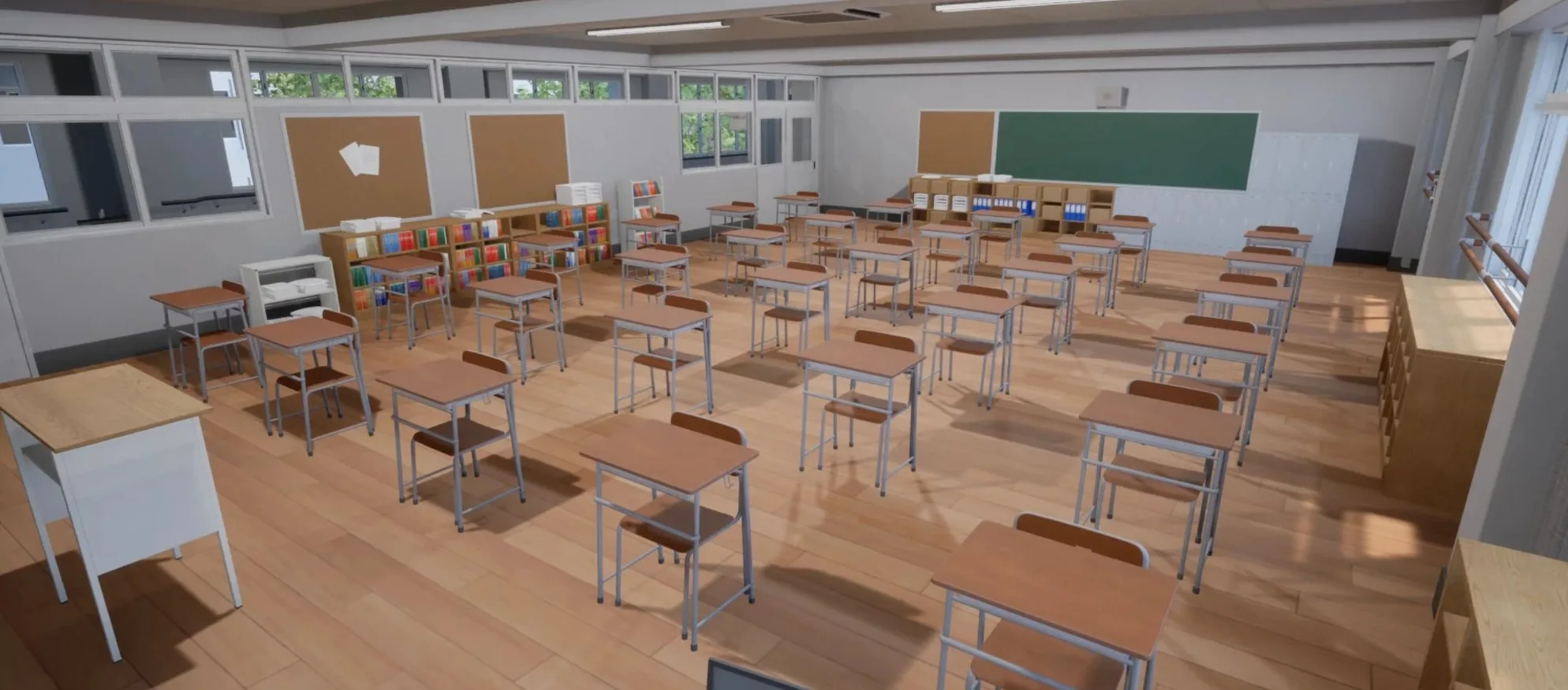Scuola, aula ricostruita in 3DRS con banchi, lavagna e librerie