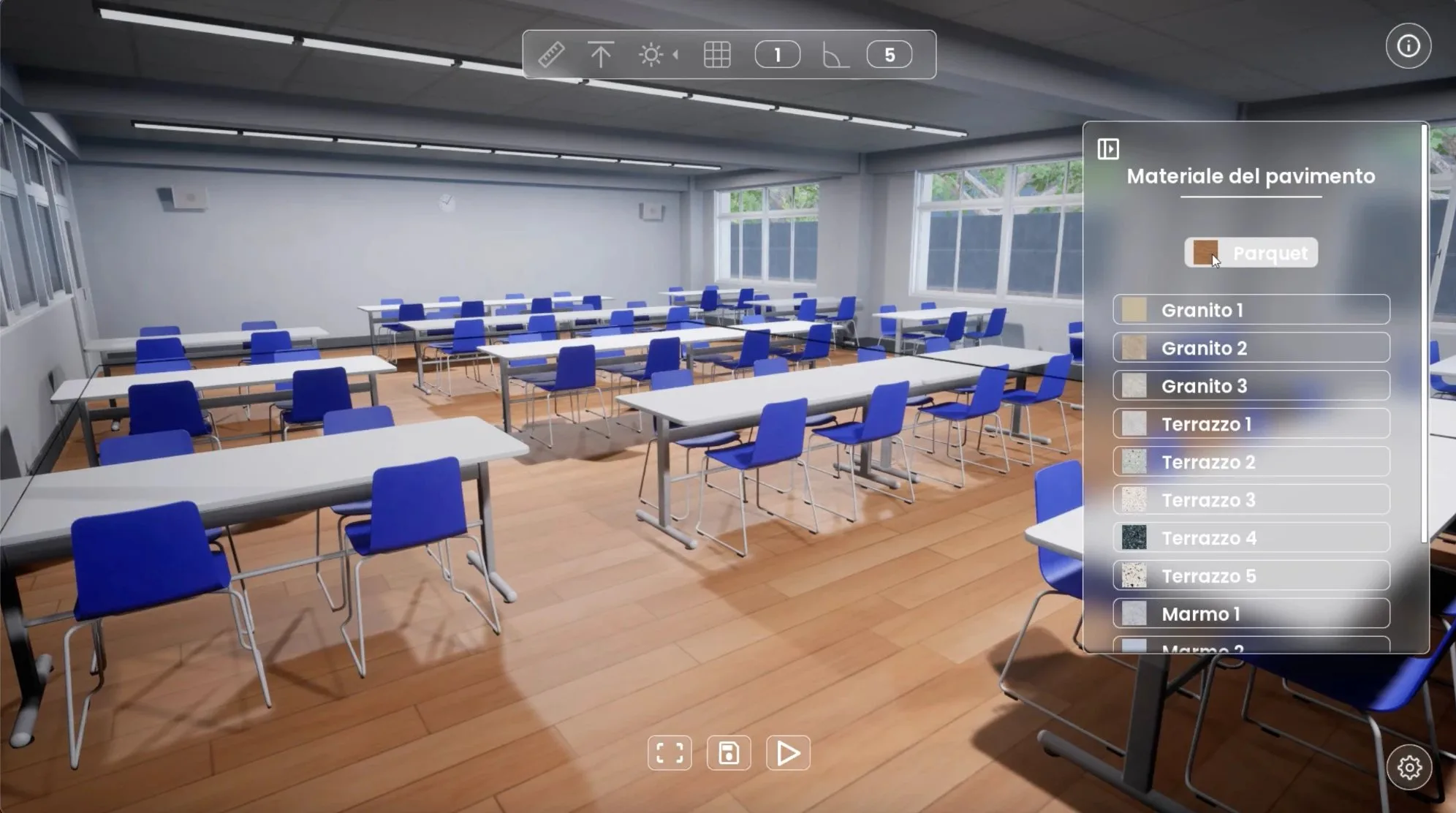 Scuola, aula in 3DRS: scelta del materiale del pavimento tra parquet, granito, terrazzo e marmo