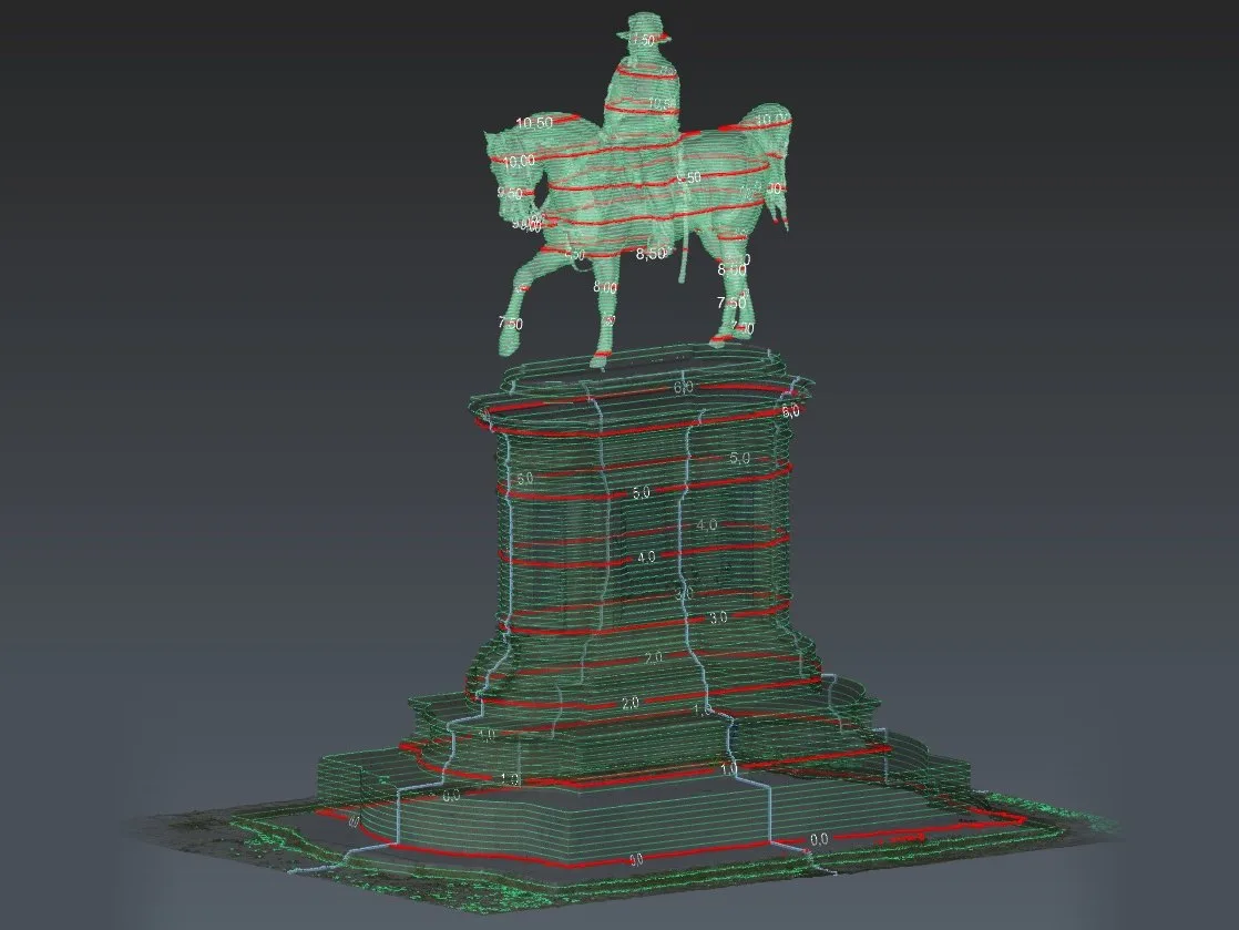 Statua di Vittorio Emanuele II, curve di livello ogni 50 cm fino a 10,50 m