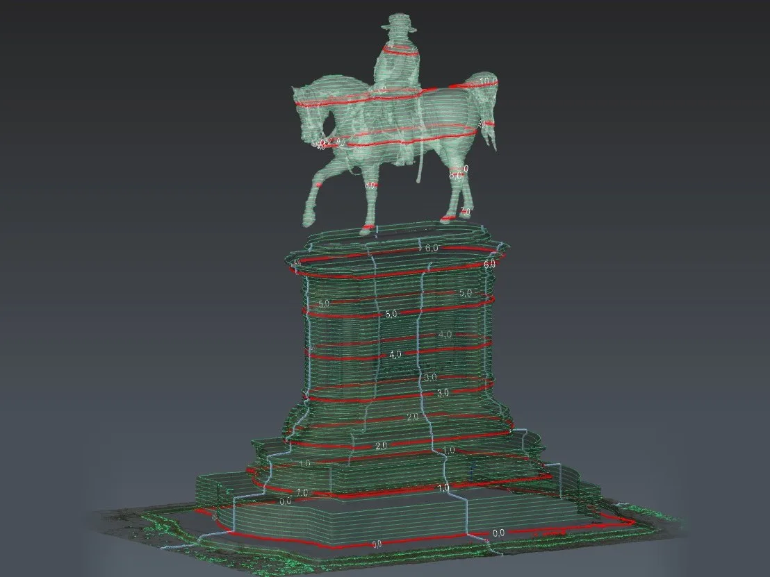 Statua di Vittorio Emanuele II, curve di livello su statua e basamento