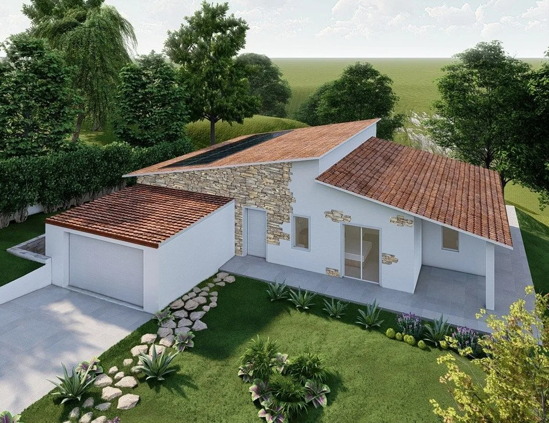 Villetta Cerro Veronese, render dell’esterno con il garage, il portico e il giardino