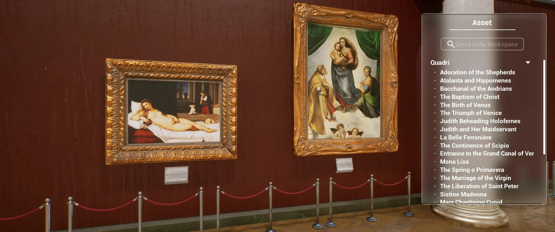 VR Museo, opere scelte dal catalogo e appese alla parete in 3DRS