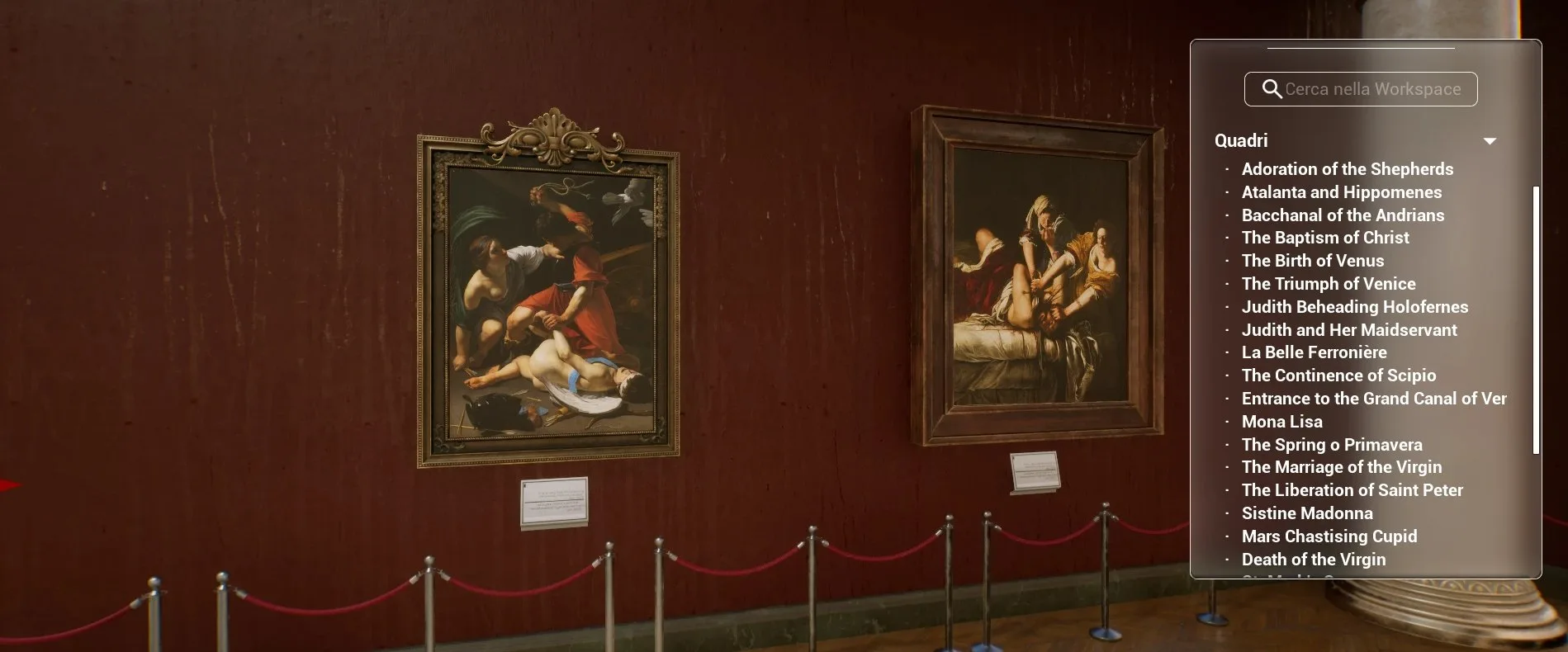 VR Museo, parete rossa con due opere e il catalogo quadri