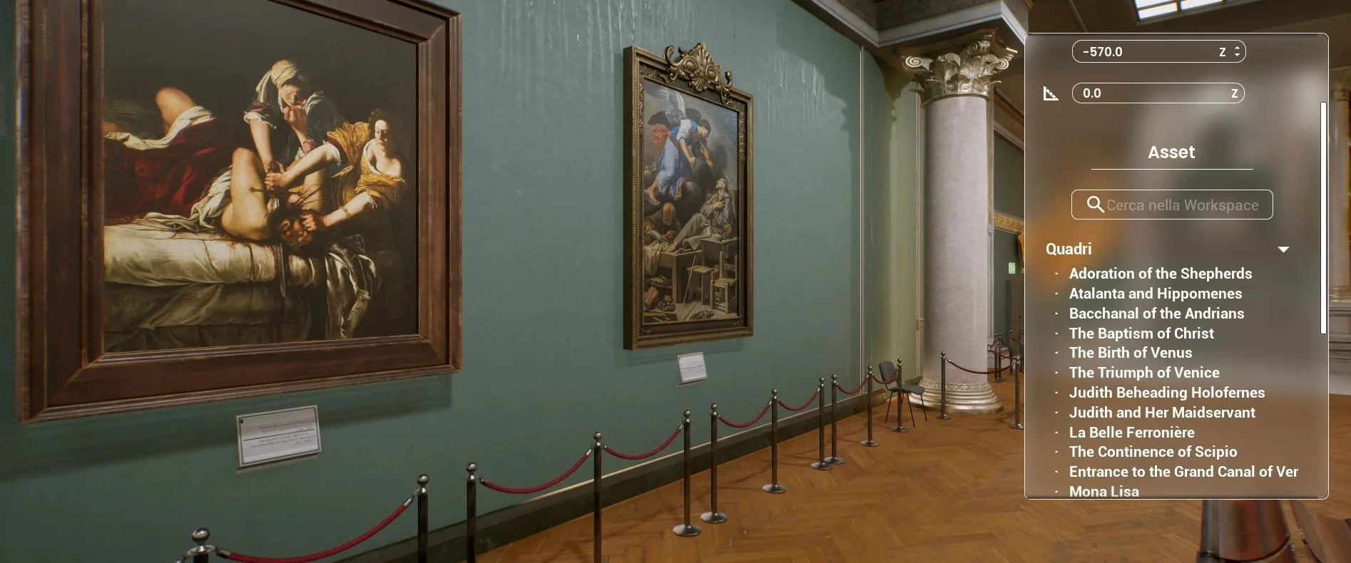 VR Museo, parete verde con opere, cartelli e percorso