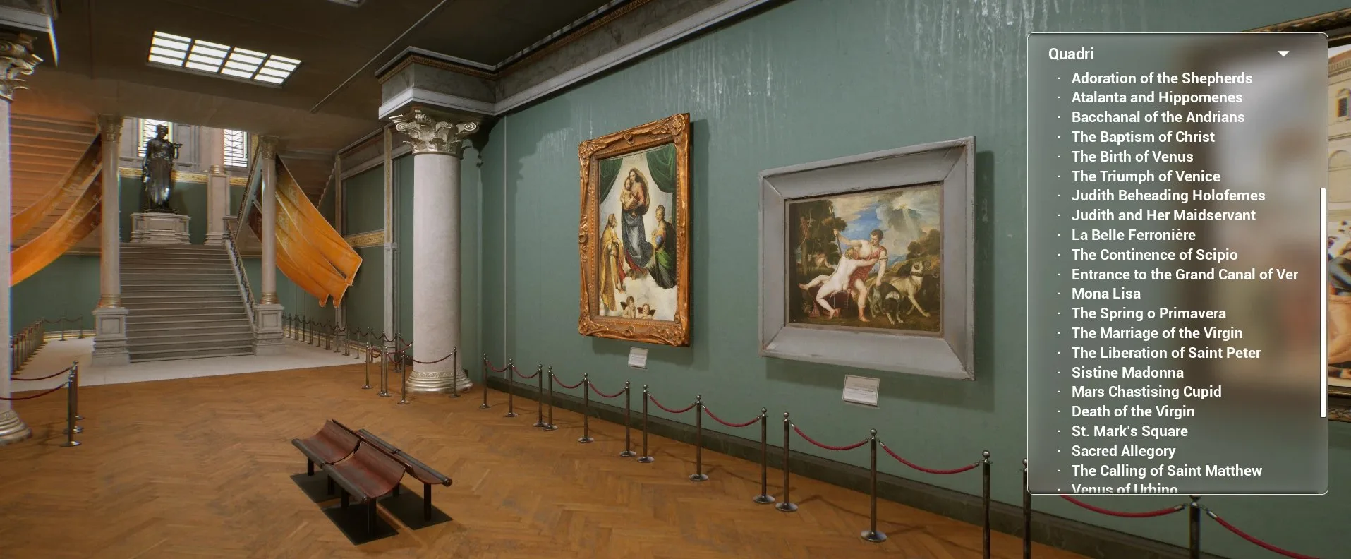 VR Museo, sala con lo scalone e le opere, con il catalogo quadri di 3DRS