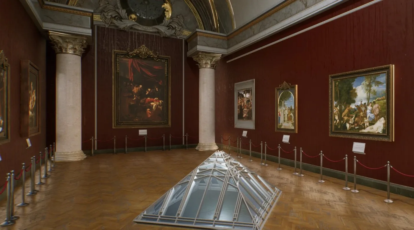 VR Museo, sala espositiva ricostruita in 3DRS con colonne, opere e lucernario