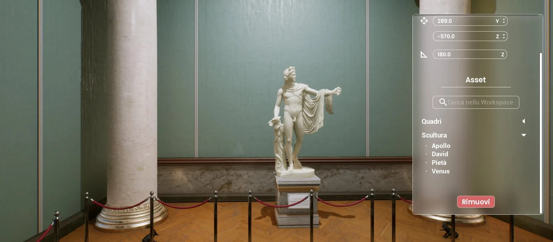VR Museo, statua posizionata con il pannello Transform di 3DRS