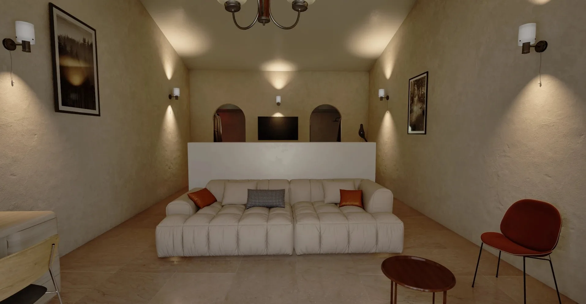 Wine Resort in Toscana, render di una suite con divano e archi