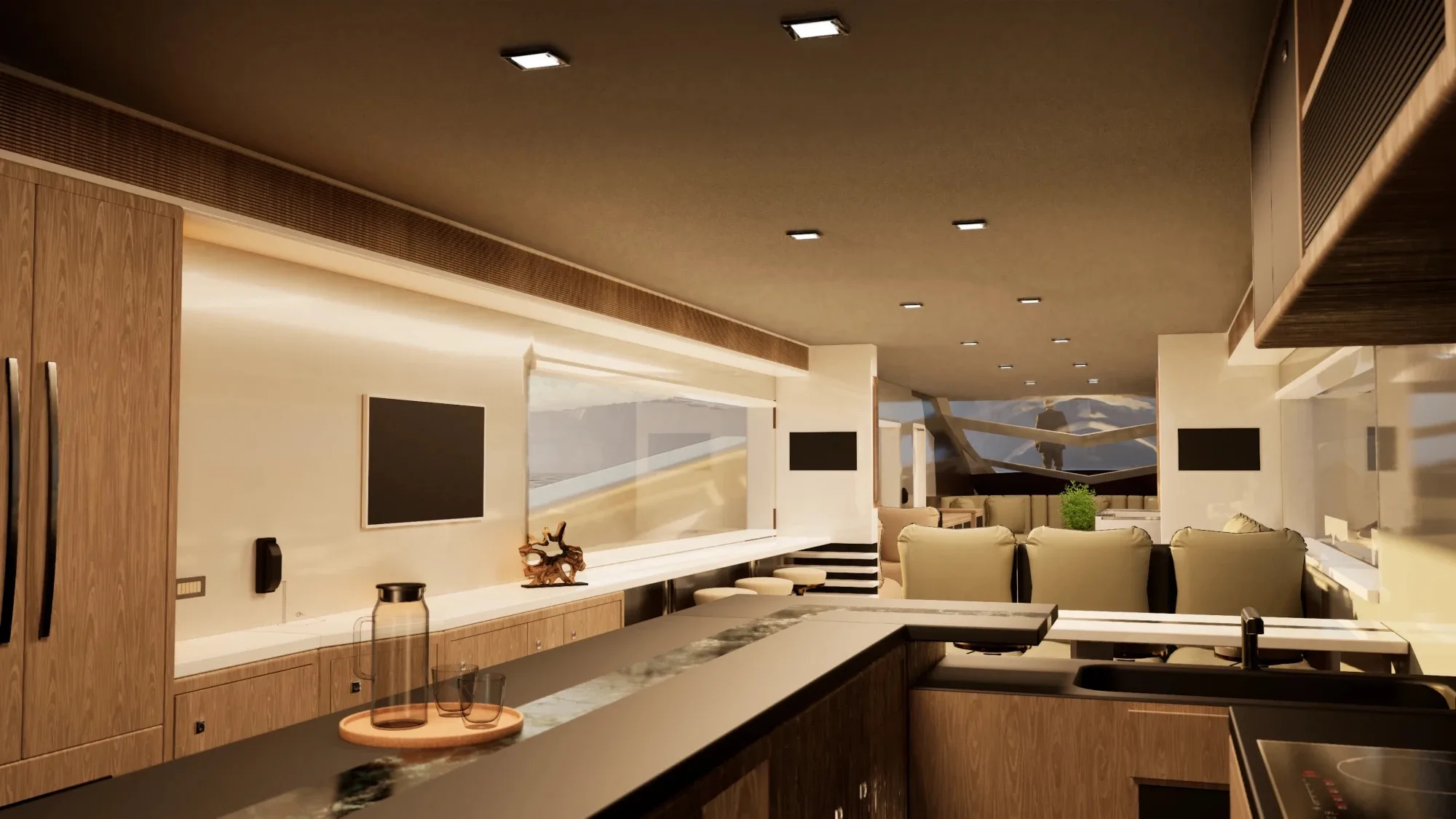 Yacht, render dell'interno: cucina e salone