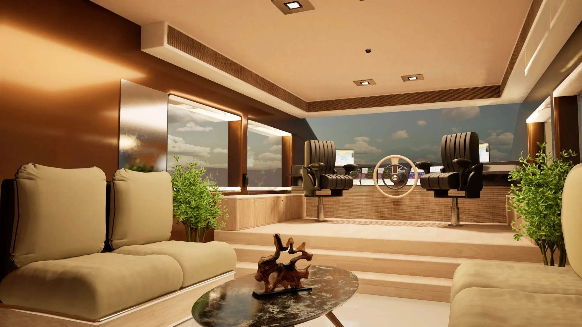 Yacht, render dell'interno: salotto e plancia di comando